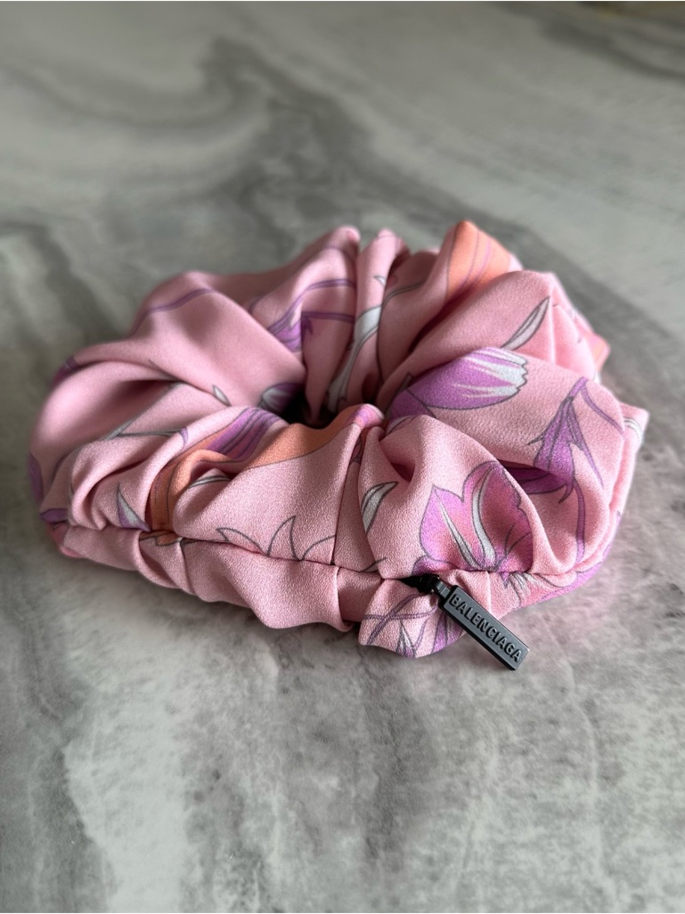 Balenciaga BB Logo Holli Floral Pink Scrunchie Silk & Brass - Picture 2 of 5